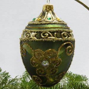 POLISH GALLERY Fabergé Egg 5-In Blown Glass Christmas Tree Ornament Royal GREEN